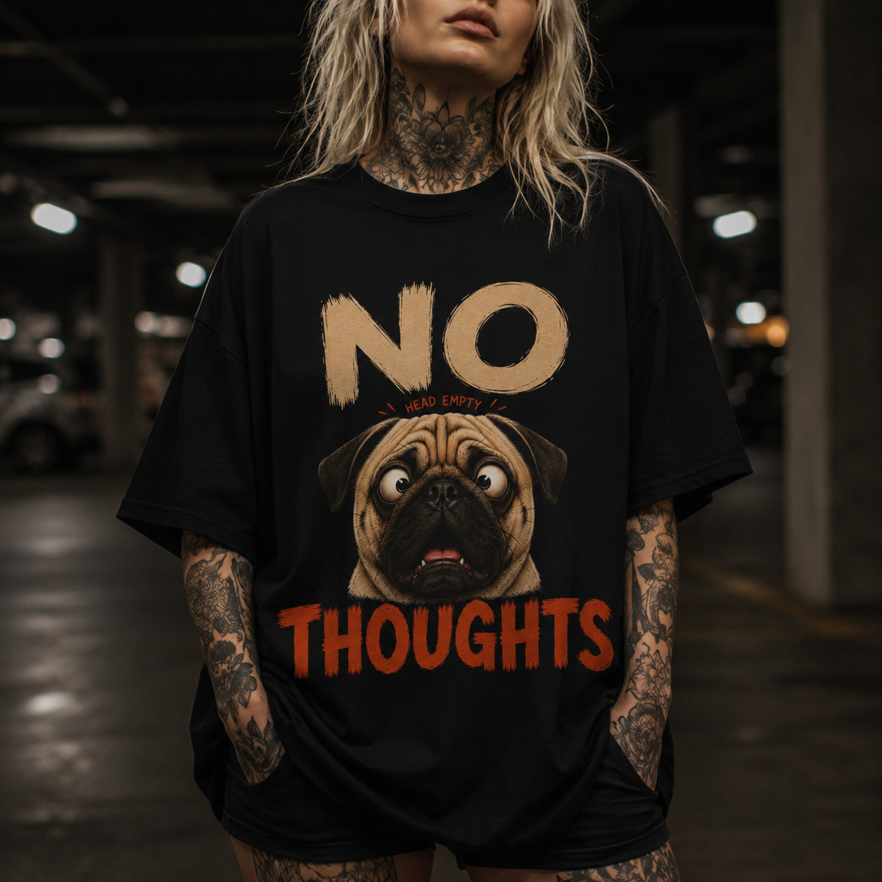 Blank Expression Pug Dog Tee - No Thoughts