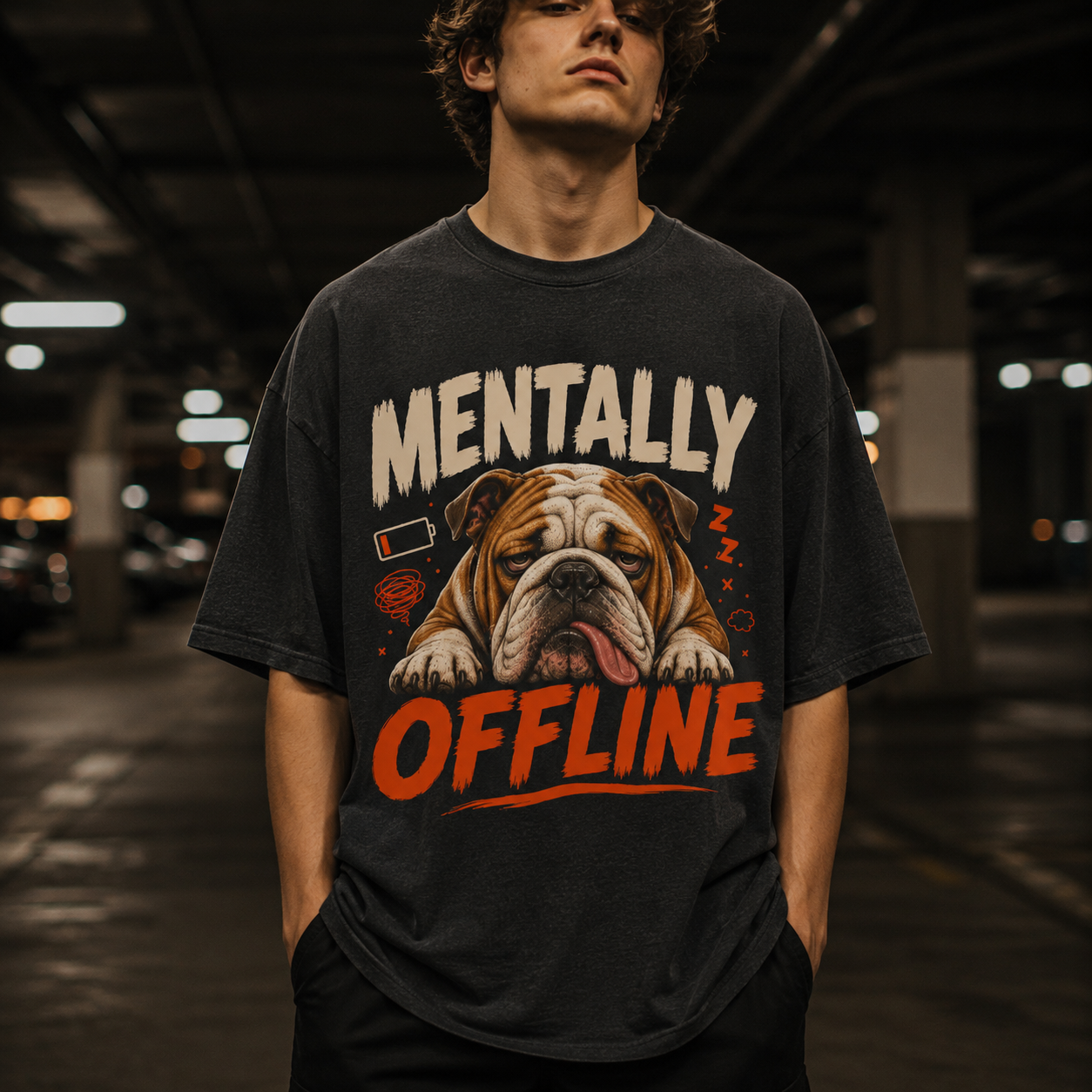 Exhausted Dog Bulldog Tee - Mentally Offline