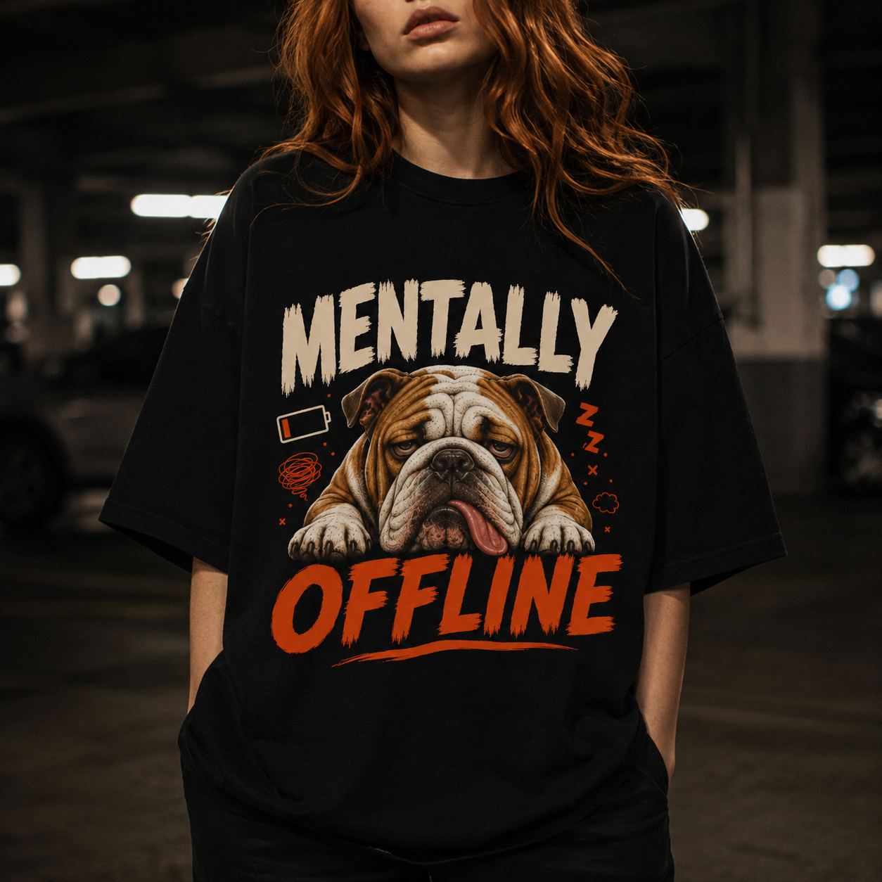 Exhausted Dog Bulldog Tee - Mentally Offline