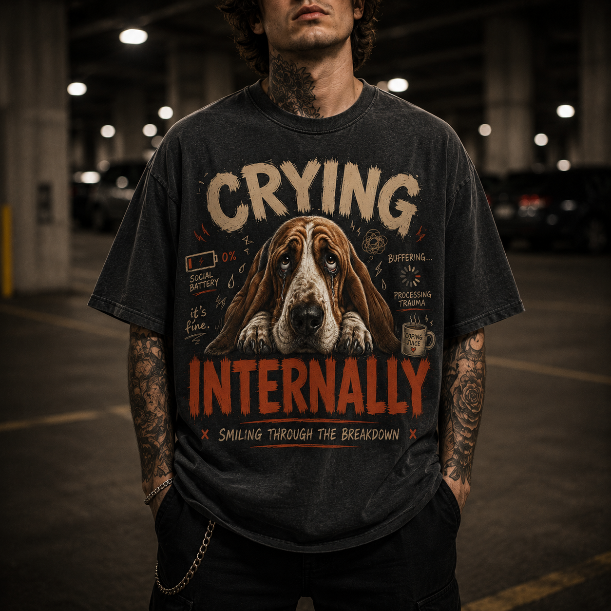 Sad Basset Hound Dog Tee - Crying Internally