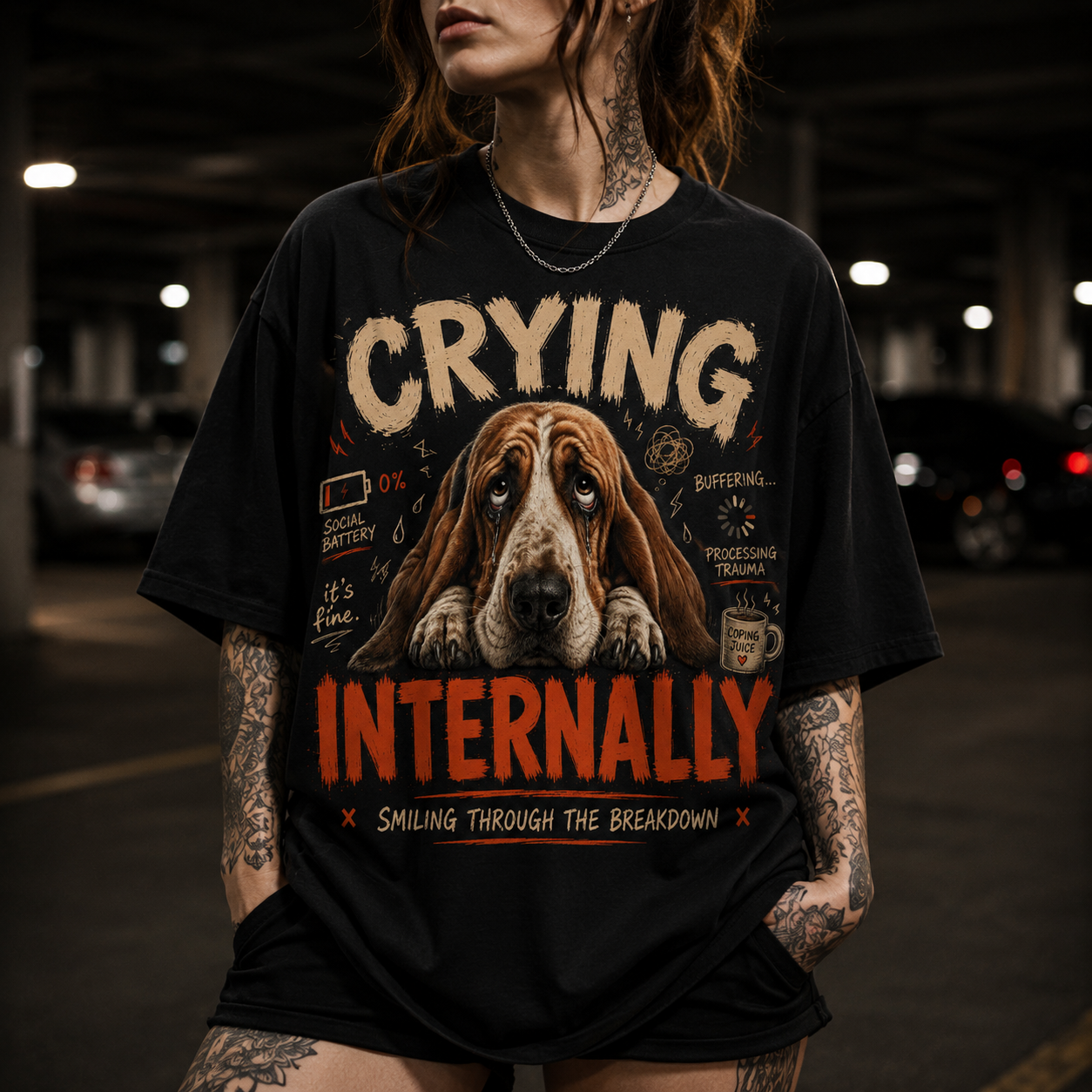 Sad Basset Hound Dog Tee - Crying Internally