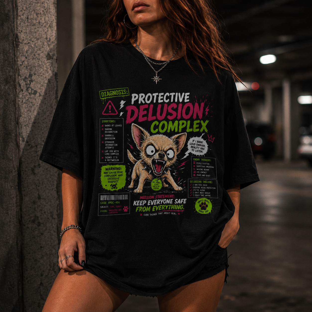 Defensive Chihuahua Dog Chart Tee - Protective Delusion Complex