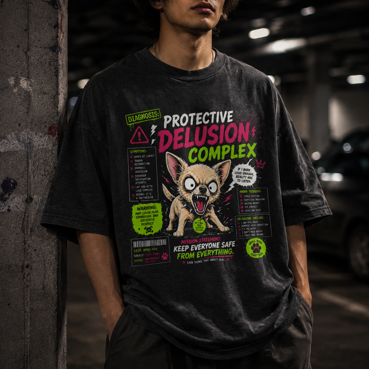 Defensive Chihuahua Dog Chart Tee - Protective Delusion Complex