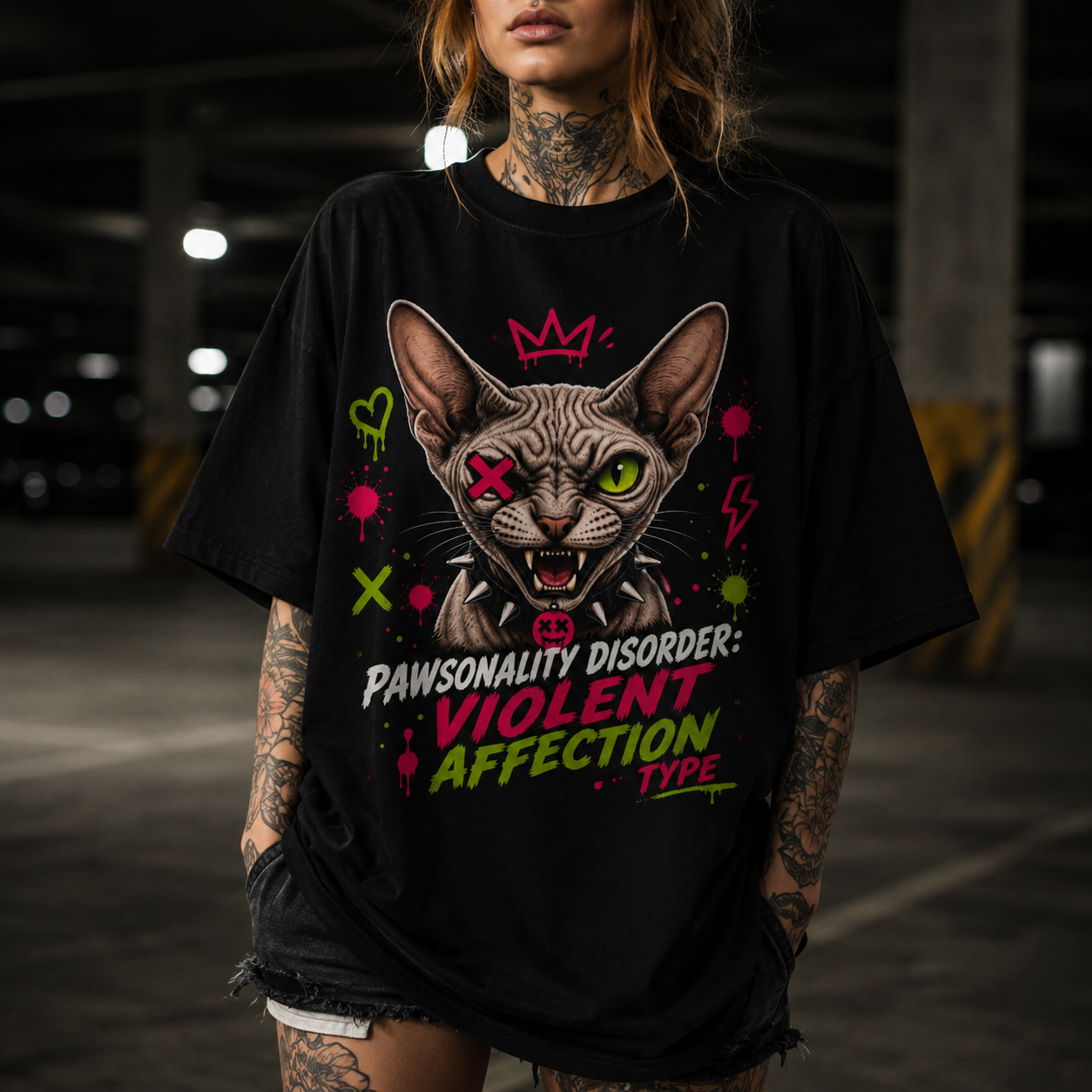 Ferocious Peterbald Cat Tee- Violent Affection